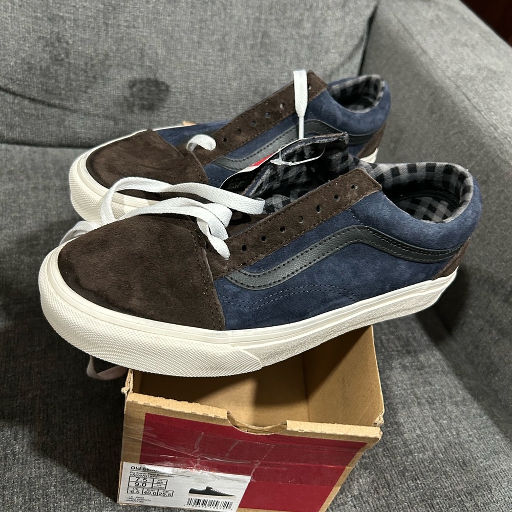 Vans Old Skool Pig Suede Plaid Brown NavyVN0007NTBF1 Women’s Size 9 NWT NEW